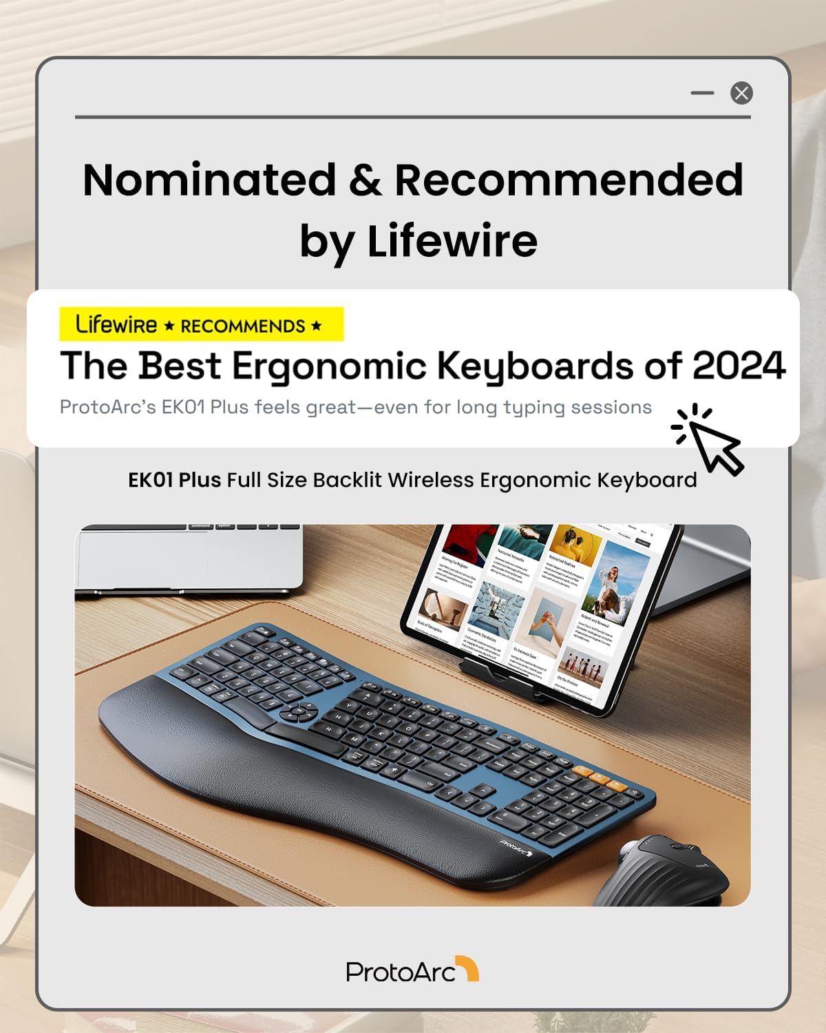 ProtoArc EK01 Plus Backlit Bluetooth Ergonomic Keyboard, Full Size, Blue