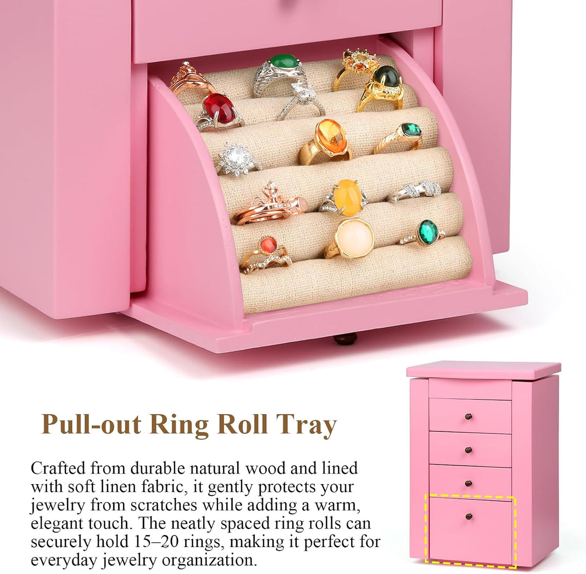 Meangood Jewelry Box Jewelry Organizer, 5-Layer Wooden Jewelry Organizers and Storage Boxes for Women Girls, Ring Earring Bracelet Necklace Holder Organizer with Mirror & Drawers (Pink)