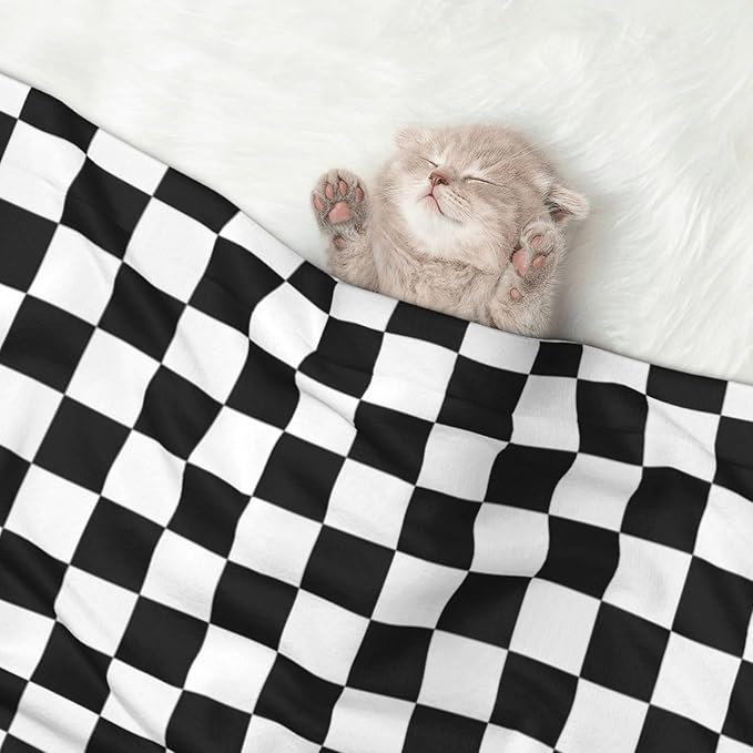 Double Sided Pet Mat for Dog Bed Topper Cat Blanket Furniture Protector, Black and White Checkered, Reversible Plush with Tactile Dot Pattern for Style Change