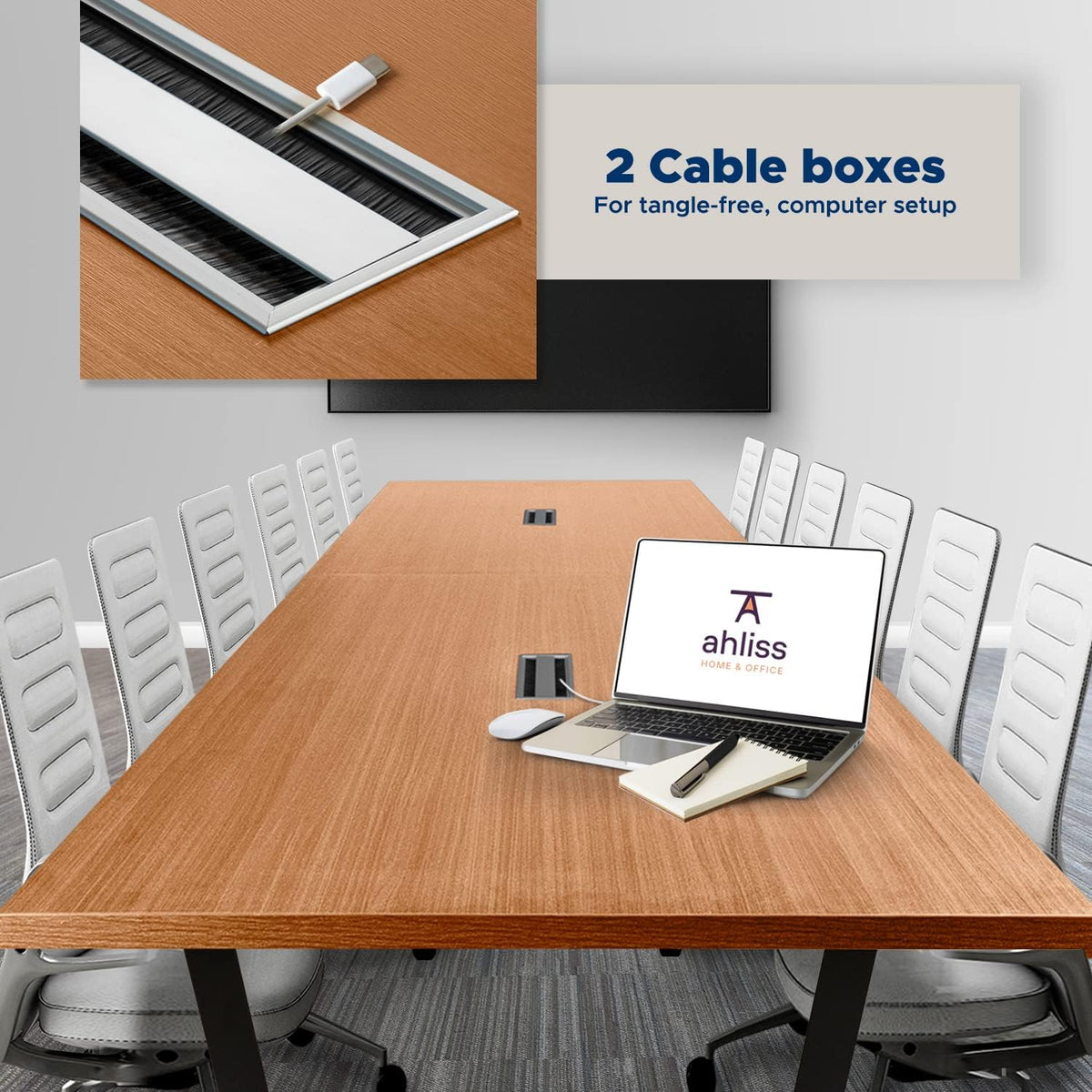 12FT Conference Table with Cable Management Grommets — Modern Rectangle Office Meeting/Boardroom Table with Melamine Wood Top and Metal Frame (Natural)
