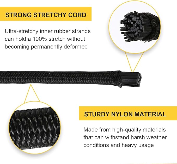 Strong and Durable Bungee Cord Roll - 1/4" x 100ft Elastic Cord, Kayak Stretch String Rope, Bungee Shock Cords for Repairing Tent Poles, DIY, Tie Downs, Black