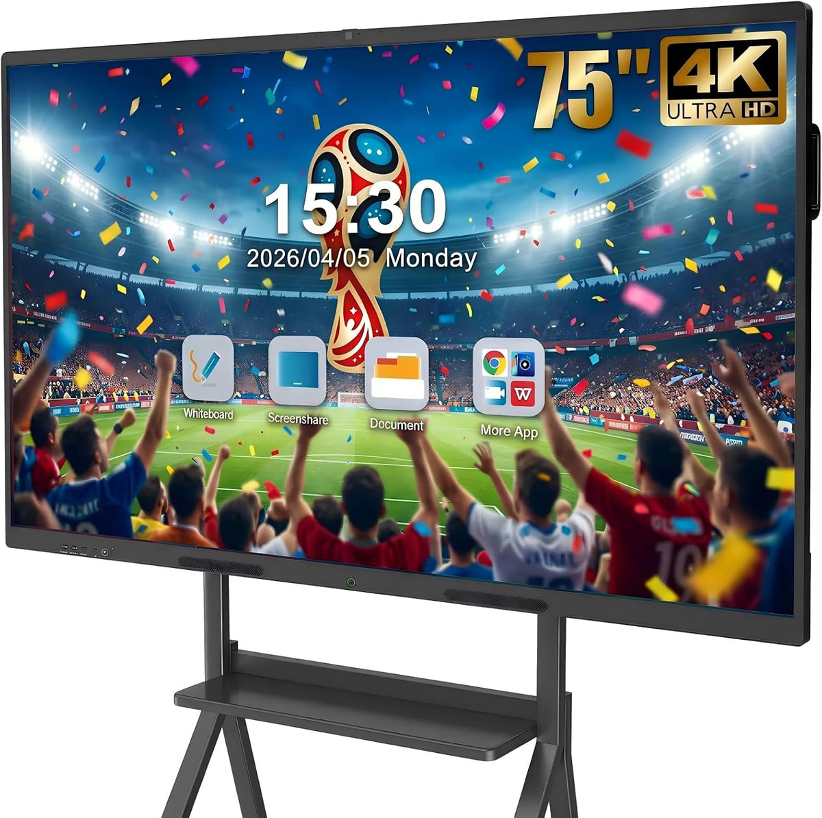 75" Smart Board for Business, Interactive Whiteboard with Multi-Touch, 4K Electronic Board with Screen Sharing, Bluetooth/WiFi/HDMI, Camera & Mic, Android 14, 8+128G (Wall Mount Included)