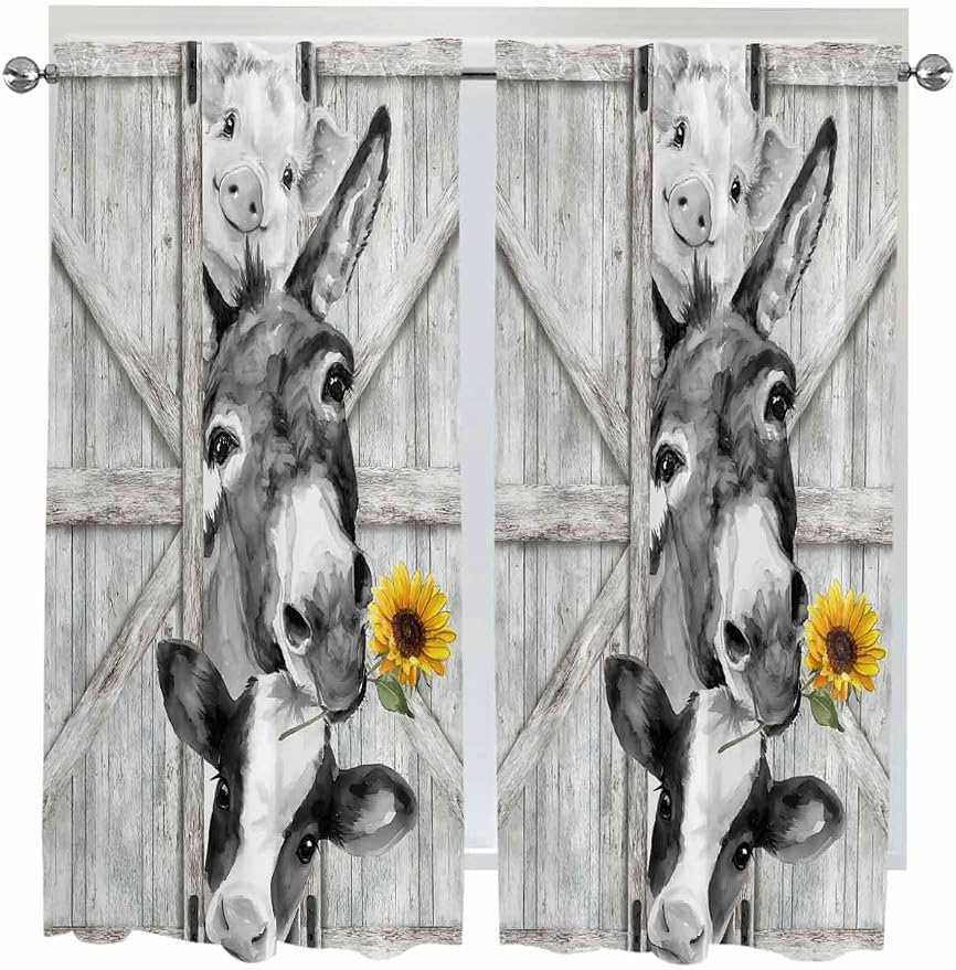 Grey Farmhouse Living Room Curtains 72 Inches Length, Vintage Sunflowers