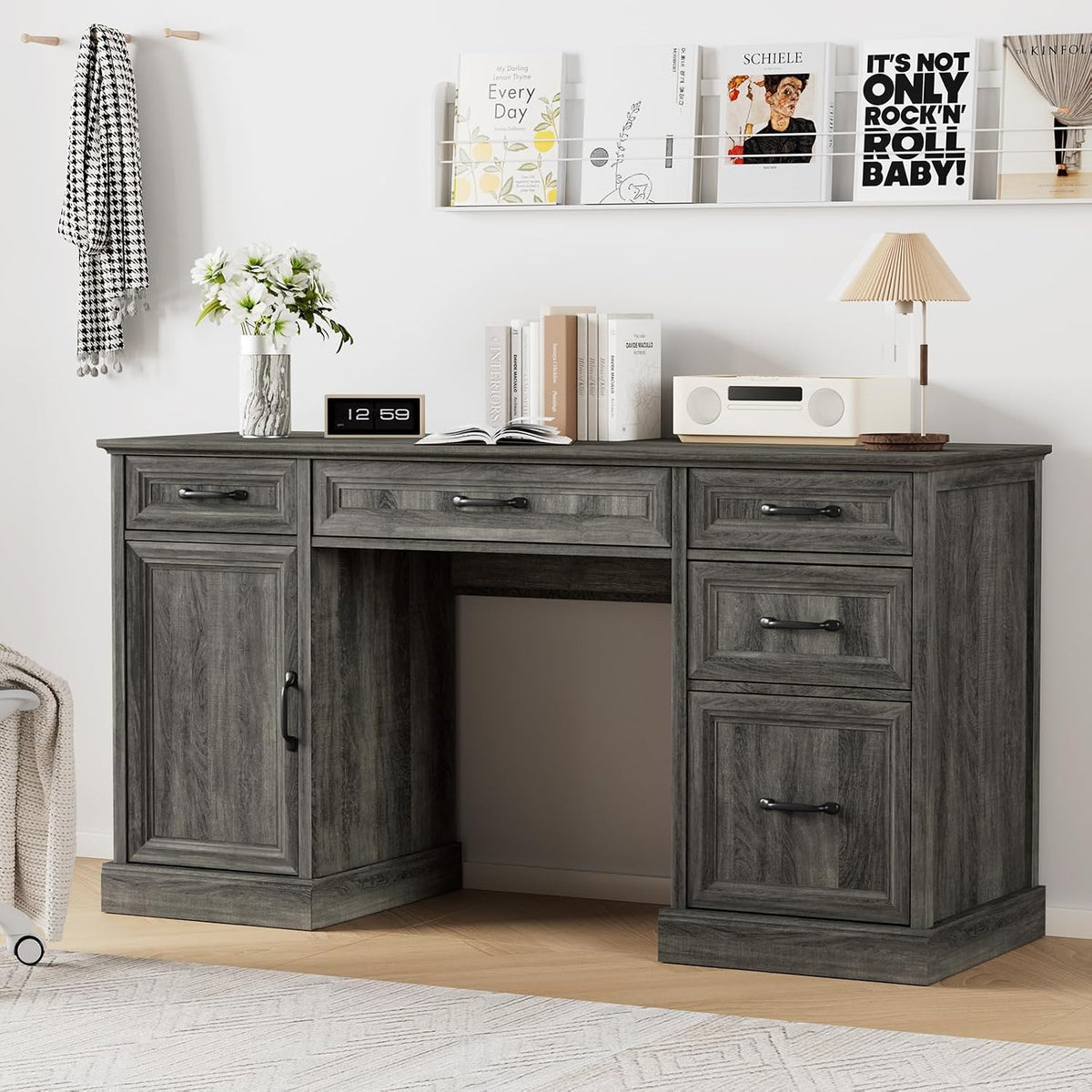 Tradare 58" Farmhouse Executive Desk, Wood Home Office Desk with Drawers & File Cabinet, Embossed Texture Storage Organizer Computer Desk for Working, Studying, Writing, Gray