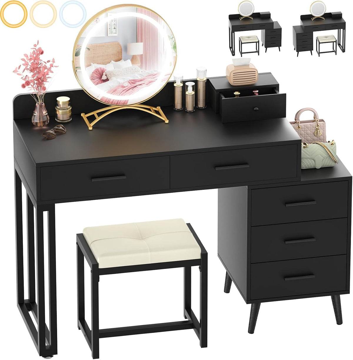 Armocity Black Vanity Desk with Mirror and Lights, Modern Makeup Vanity Table Set with 6 Storage Drawers and Cushioned Stool for Bedroom, Dressing Table with Divided Organizers for Women Girls, Black