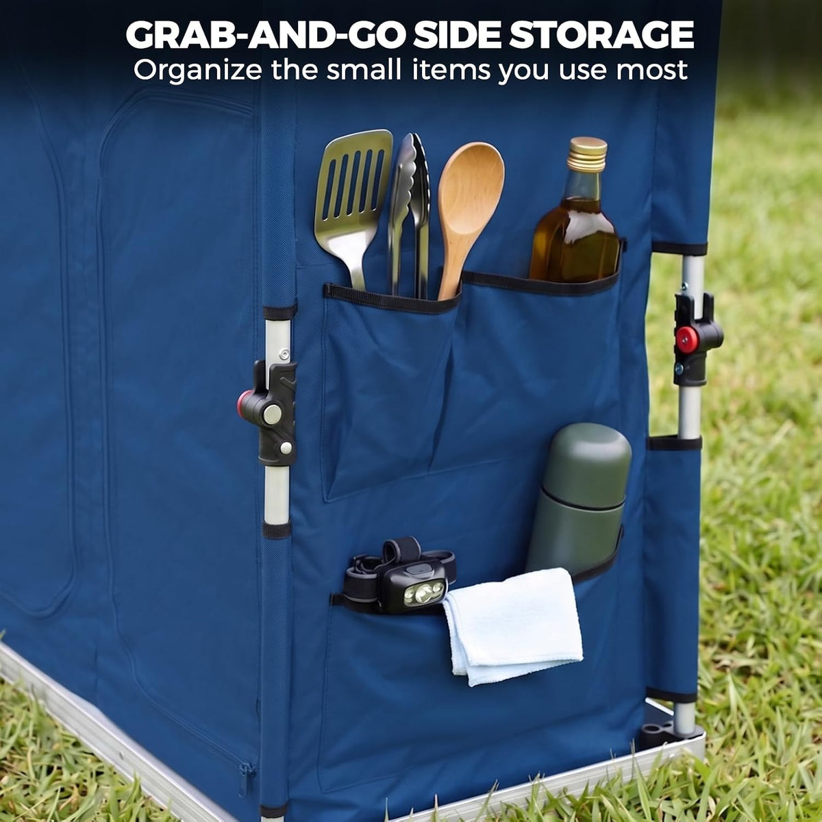 EAGLE PEAK Double Folding Camping Table with Storage Organizer and Side Pockets, Portable Outdoor Portable Camping Table for BBQ, Picnic and Tailgating, Carry Bag Included, Blue