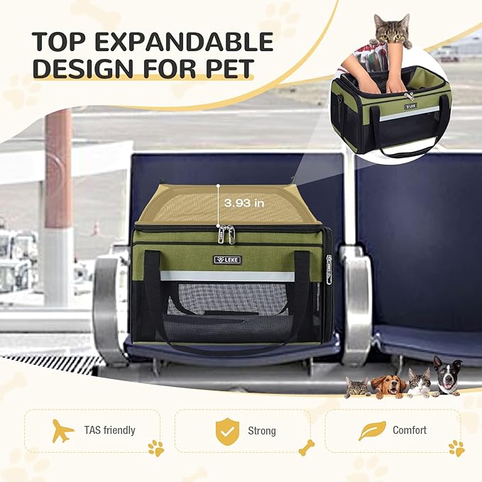 Lekereise Top-Expandable Pet Carrier 17x11x9.5 Inch Alaska Hawaiian Airline Approved Soft Sided Underseat to 12lbs Travel Carriers for Small Dogs and Cats with Locking Safety Zippers Anti-Scratch Mesh