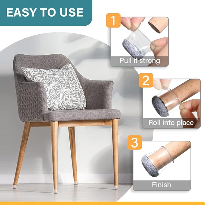 24 Pcs Chair Leg Floor Protectors Round, Silicone Felt Furniture Leg Pads Caps Covers for Hardwood Floors (Fit 8/16“ to 15/16”)