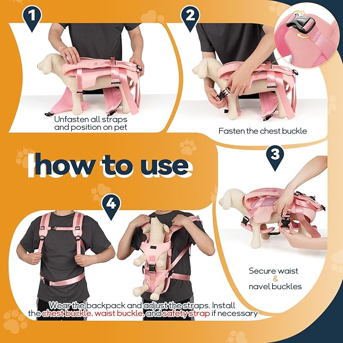 Pet Dog Front Carrier Backpacks, Legs Out Secure-Fit Dog Front Carrier for Small Dogs Up to 17 lbs, Adjustable Hands Free Pet Chest Carrier for Hiking Cycling (M, Pink)