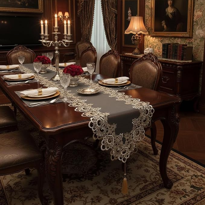 Embroidered White Lace Table Runner