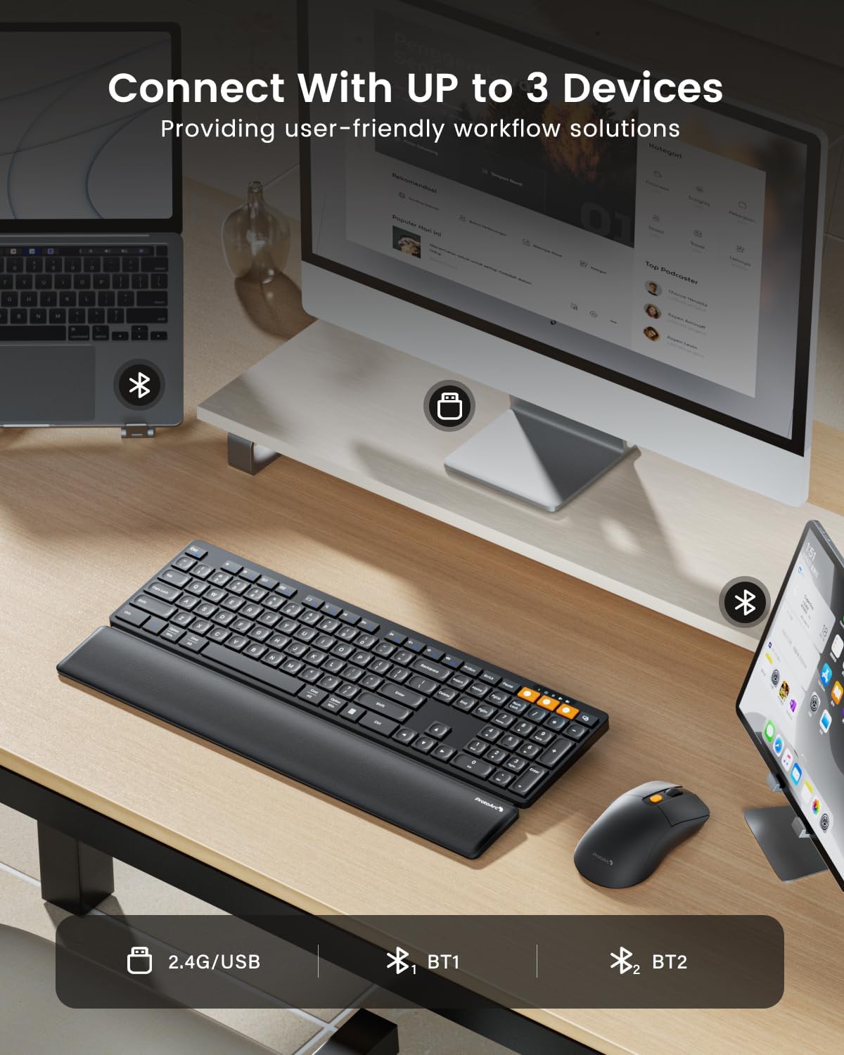ProtoArc KM60 Wireless Ergonomic Keyboard Mouse Combo, Black