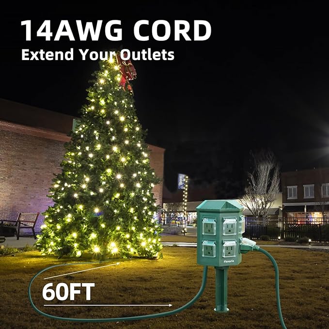 Outdoor Power Strip Waterproof, 60 FT Extension Cord, 6 Grounded Outlets for Christmas Decorations and Inflatables, 15A/1875W, ETL Listed