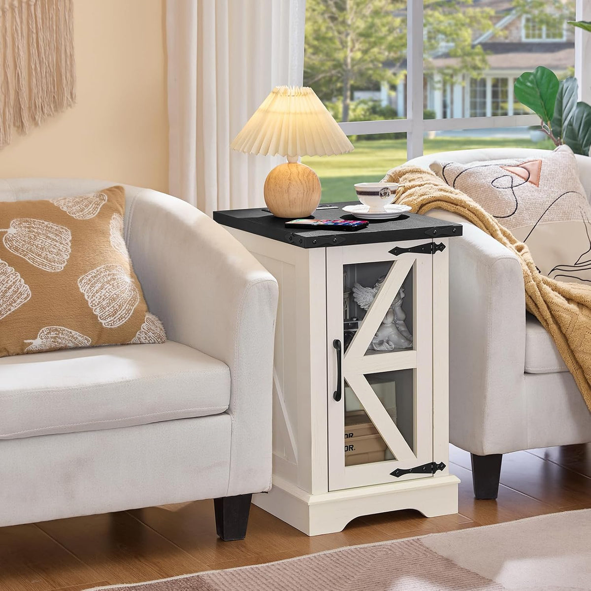 Joaxswe Narrow Night Stand with Charger Station, Glass Barn Door