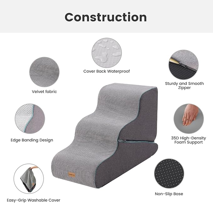Gardner Pet Dog Stairs for Small Dogs 22.4" H, Large 2 in 1 Transformable 3-Step Pet Stairs and ramp, Dog Steps for High Bed (22-27") with Non-Slip Waterproof Cover CertiPUR-US Certified Foam, Grey