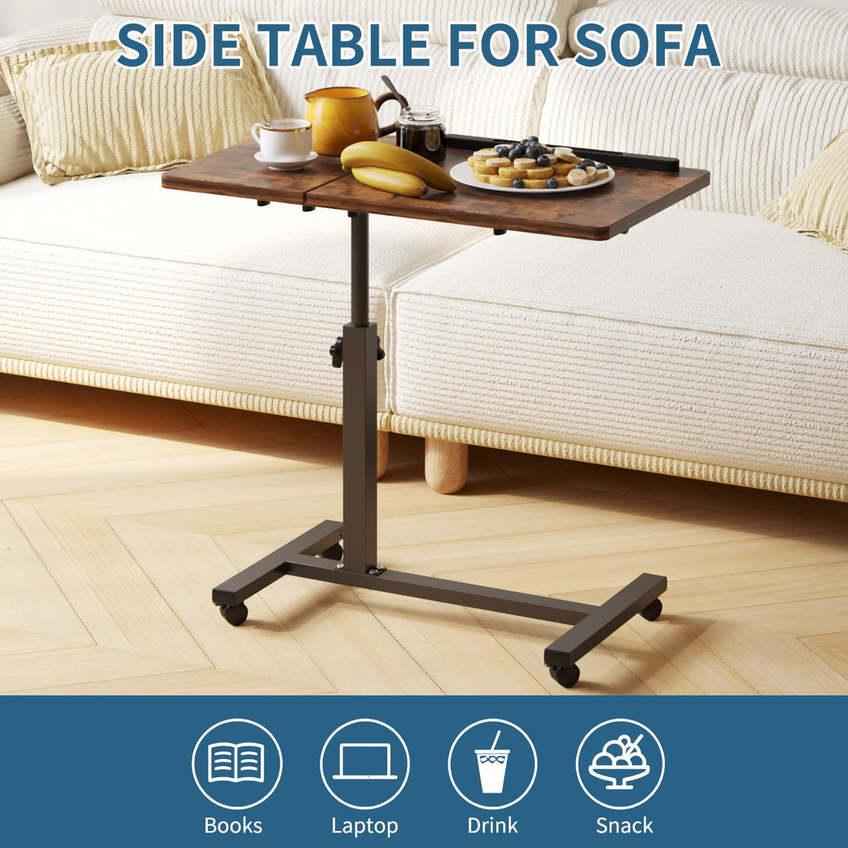 Adjustable Overbed Table with Wheels, Bedside Laptop Desk, Brown