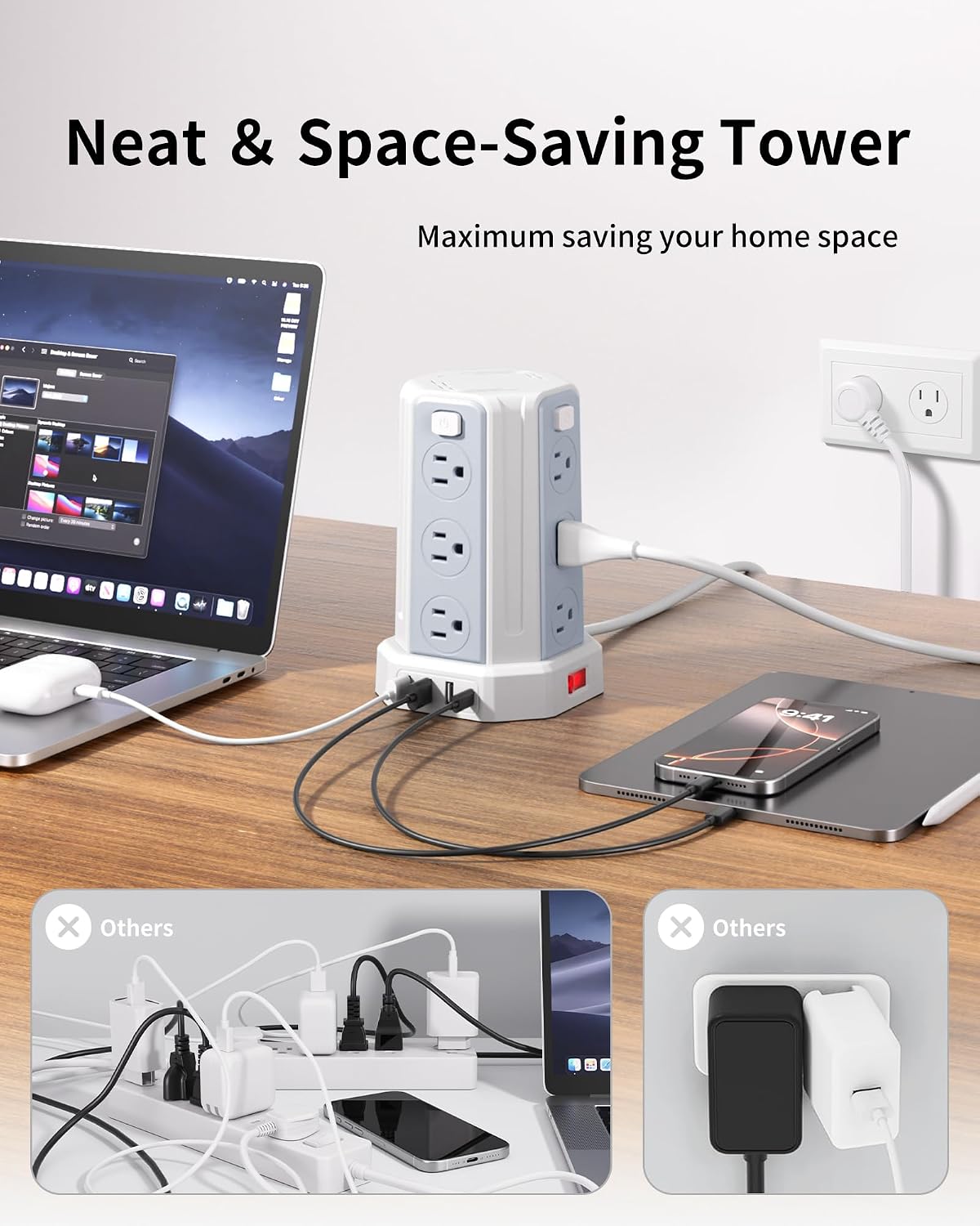 Power Strip 10 Ft Extension Cord with 12 AC Multiple Outlets 4 USB (1 USB C), SMALLRT Power Strip Tower Desktop Charging Station for Home Office College Dorm Essentials
