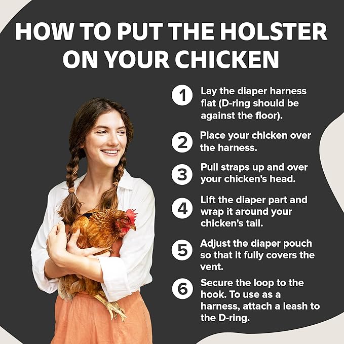Hen Holster Bird Diaper, Wrap Around - for Hens, Roosters, Ducks, Leak-Proof Design, Comfortable Fleece Strap Bird Harness with Sewn-in Liner, Secure Hook and Loop Closure - Large, Black