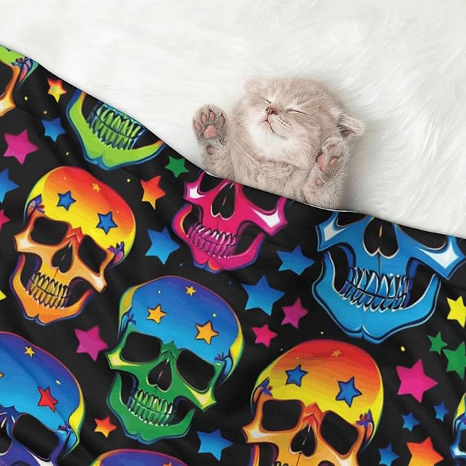 Reversible Dog Blanket for Beds Couches, Colorful Stars Neon Skulls, Double Sided Cat Blanket with Textured Dot Feel and Smooth Feel for Seasonal Comfort All Year