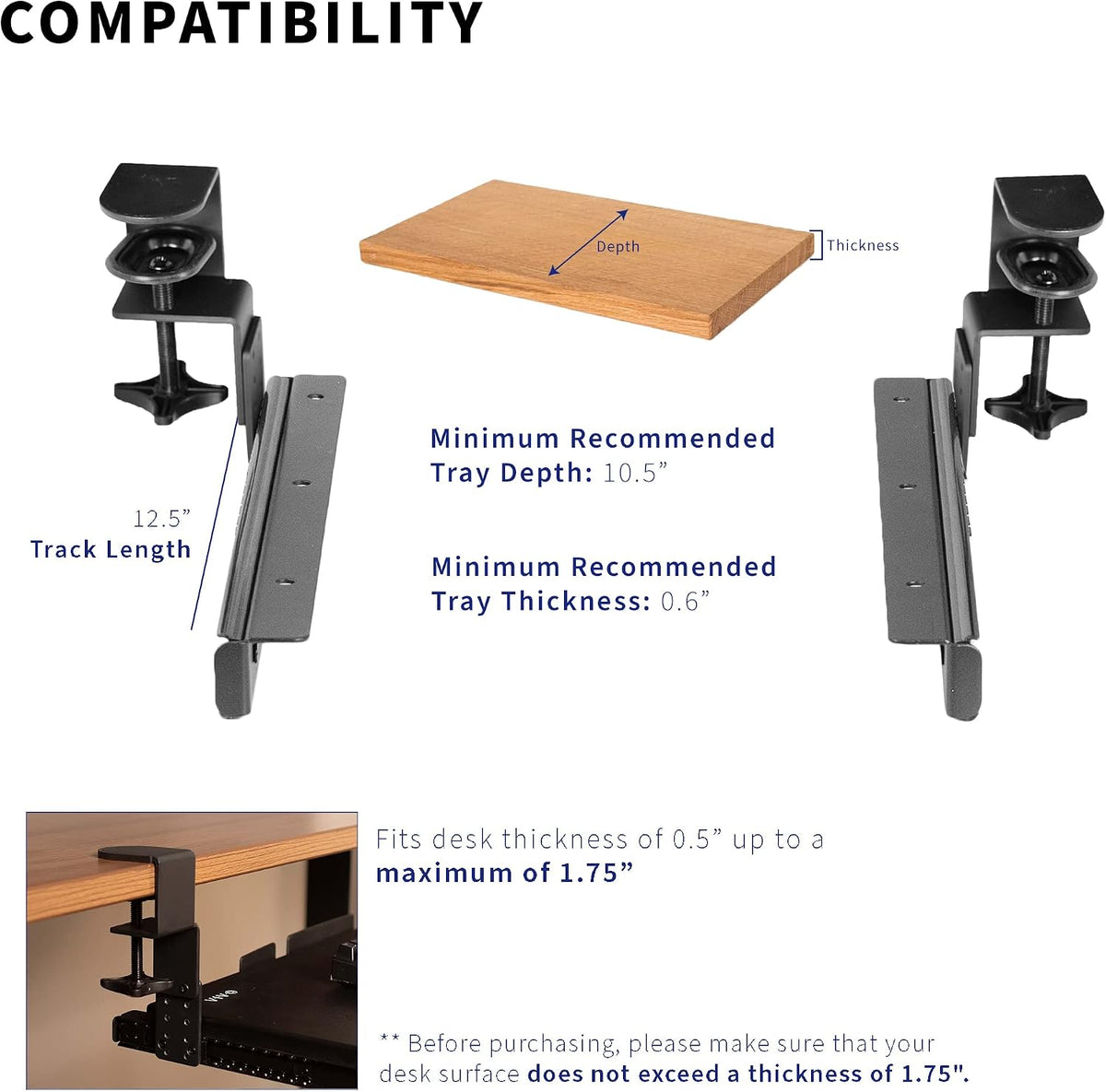 VIVO Black Clamp & 12" Rail Set for DIY Wooden Keyboard Tray, MOUNT-RAIL02H