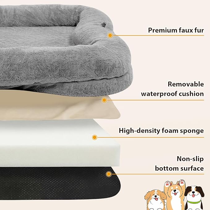 Human Dog Bed, 71 x 47 x 12 in Washable Extra Large Dog Bed for People, Giant DogBed with Storage Pockets, Silver