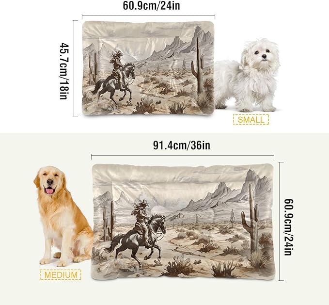 Western Desert Cowboy Dog Bed Cat Bed with Non-Slip Bottom, Kennel Bed Crate Soft Pet Bed Mattress Washable Pets Bed Pad for Small Medium Large Dogs Cats,36x24in