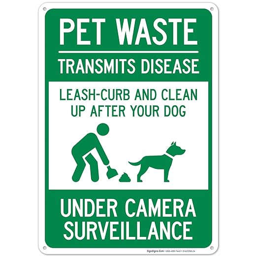 Pet Waste Leash-Curb and Clean Up After Your Dog Under Camera Surveillance Sign, 10x14 Inches, Rust Free .040 Aluminum, Fade Resistant, Made in USA