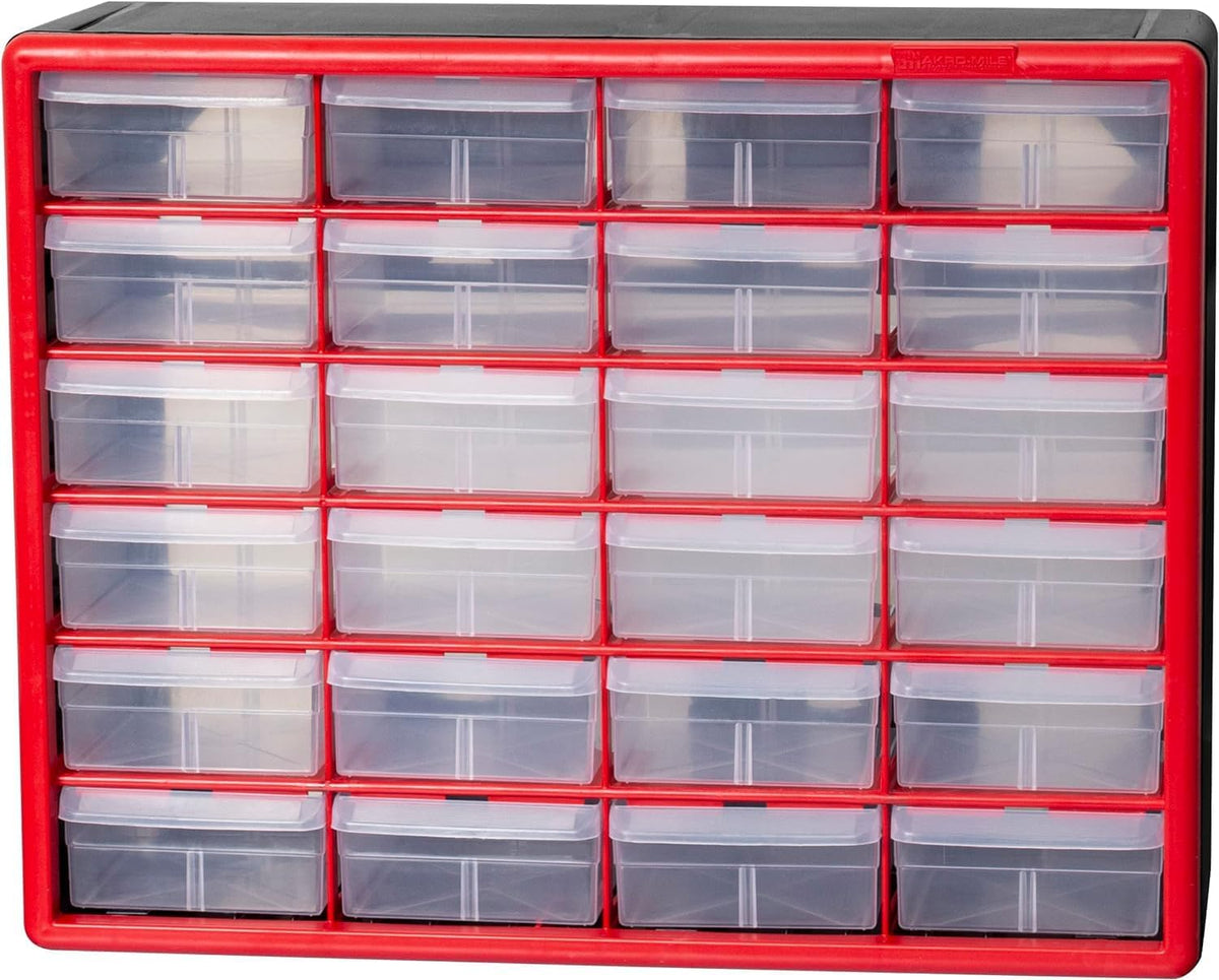 Akro-Mils 10124, 24 Drawer Plastic Parts Storage Hardware and Craft Cabinet, 20-Inch W x 6-Inch D x 16-Inch H, Red