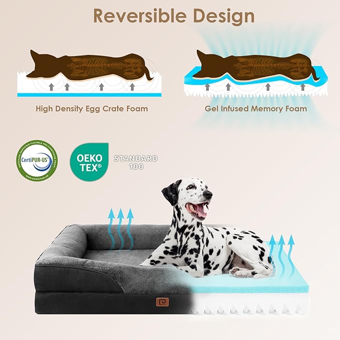 EHEYCIGA Orthopedic Dog Bed for Large Sized Dog, 36x27x7 Inch Large Memory Foam Dog Couch Bed with Sides, Waterproof Liner & Washable Removable Cover, Bolster Pet Sofa, Grey/Black