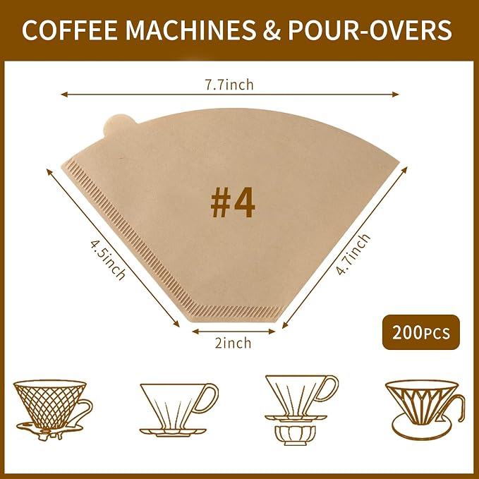 Coffee Filters #4，Cone Coffee Filter 8-12 Cup，200 Unbleached Natural Coffee
