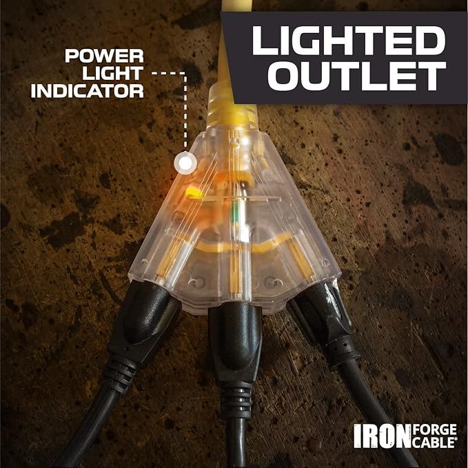 Iron Forge Cable 10 Gauge 100ft Lighted Outdoor Heavy Duty Extension Cord with 3 Outlets - 15 Amp 10/3 SJTW Yellow Extension Cord with Multiple Outlets