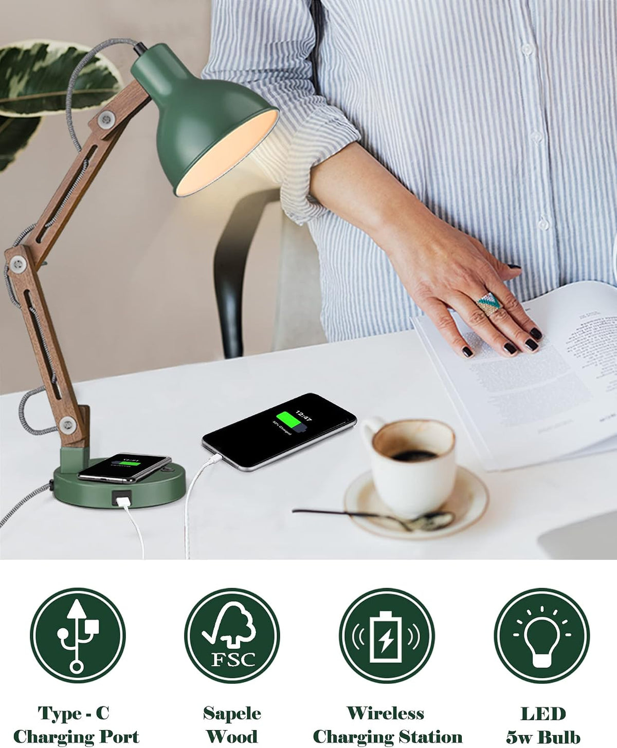ELYONA LED Desk Lamp with Wireless Charger, Sapele Wood Reading Light with USB C Charging Port, Swing Arm Table Lamp for Home Office, College Dorm, Bedroom Living Room, Bulb Included, Vintage Green