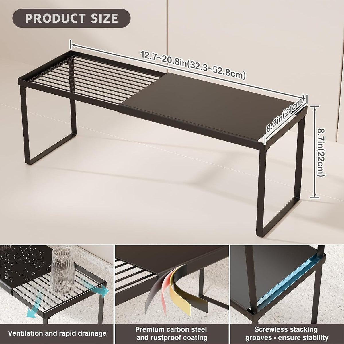 Magheo Expandable Kitchen Countertop Organizer, 2 Pack Stackable Cabinet Shelf Risers, Metal Spice Rack Heavy Duty Counter Organizer Storage for Kitchen, Pantry, Cupboard, Rv (8.7in Height,Black)