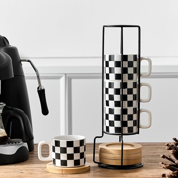 LUKA Porcelain Stackable Black and White Checkered Espresso Cups