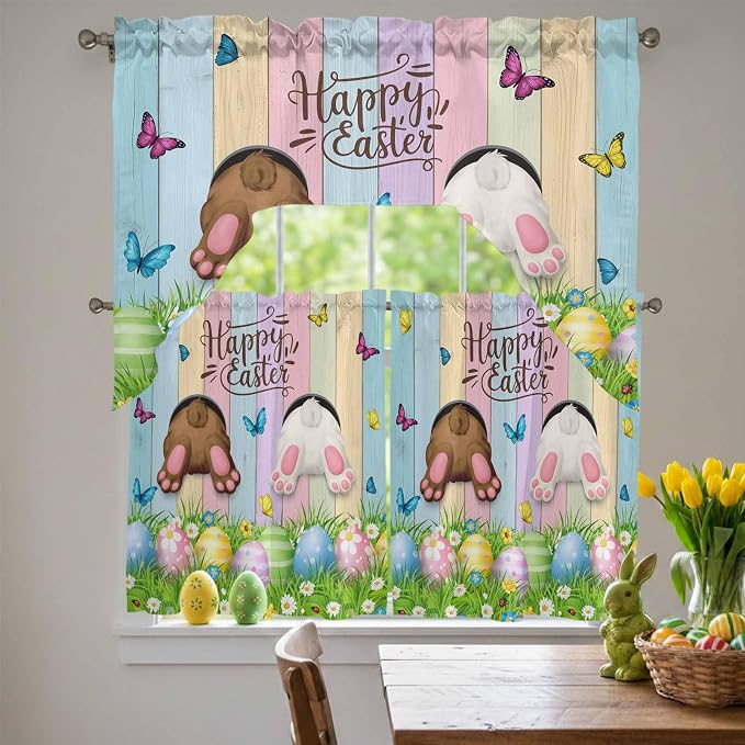 Swag Valance Curtains, Happy Easter Rabbit Butt Egg on Daisy Leaf Rod Pocket