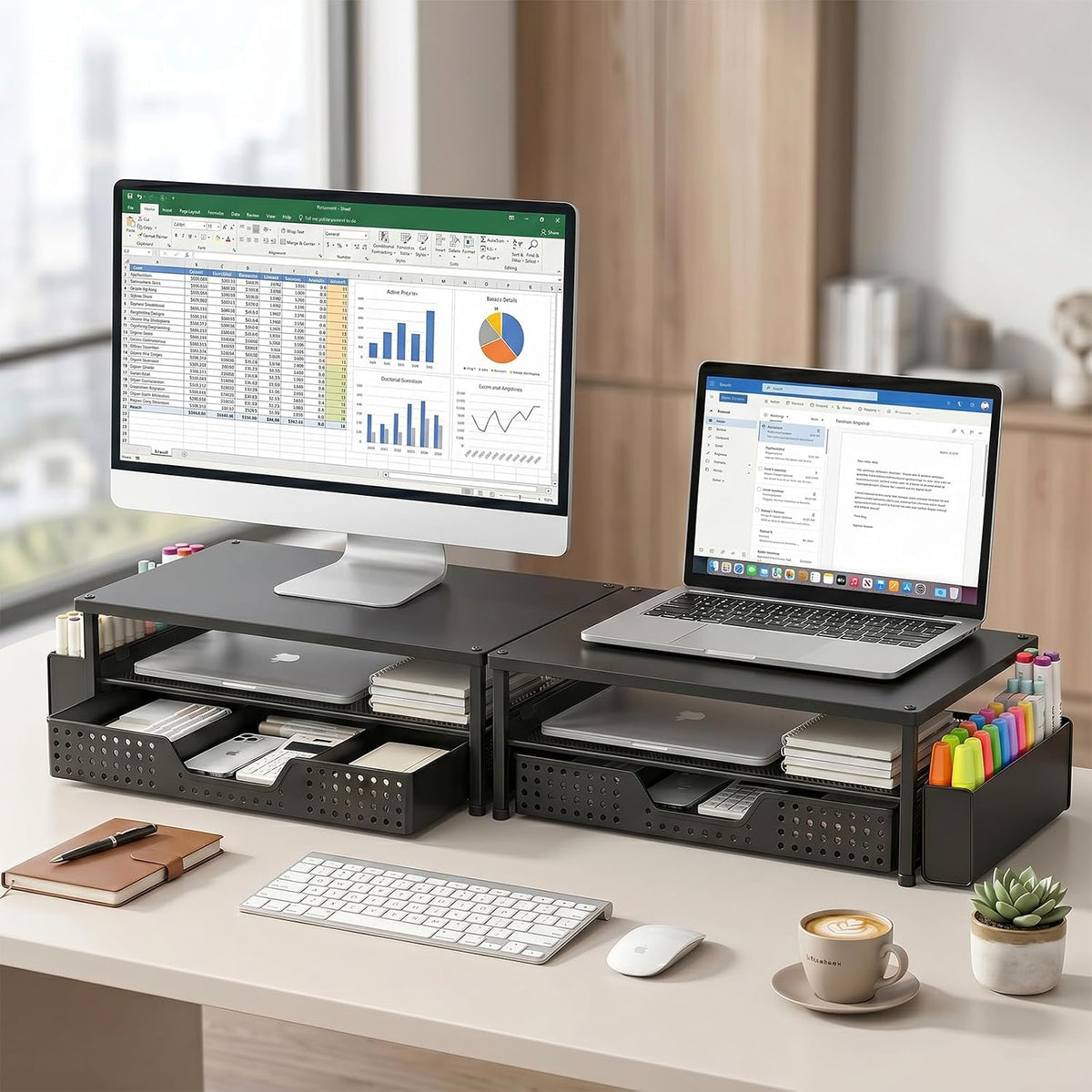 ECOLOVI Desk Organizer and Accessories, 2-Tier Computer Monitor Stand Rise with Storage Drawer & 2 Pen Holders, Laptop & Printer Stand for Desktop, Workspace Organizers for Office Supplies (Black Wood)