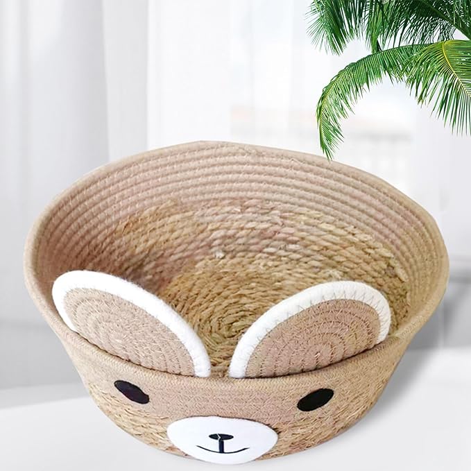 Pet Bed Woven Basket with Detachable Cushion Cartoon Bear Theme Basket Bed Dog Detachable Cushion Nest Pet Furniture