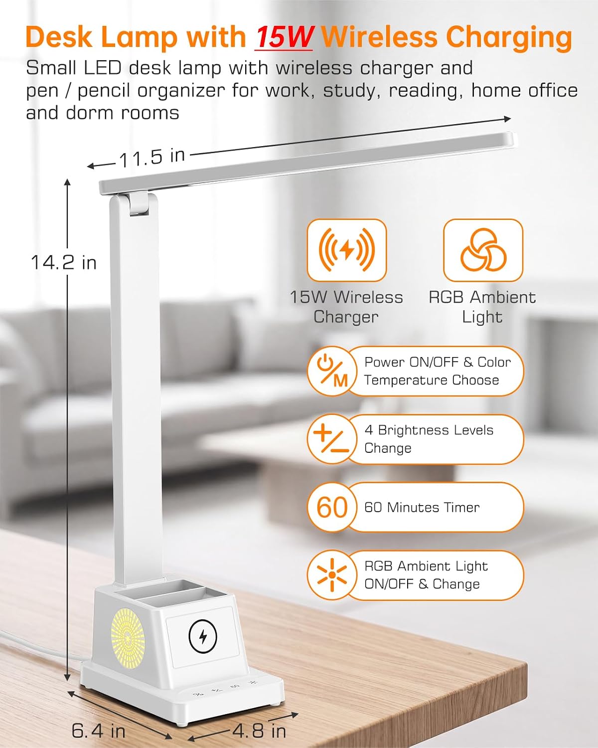 cozoo LED Desk Lamp for Home Office,15W Wireless Charger Pen Holder, White
