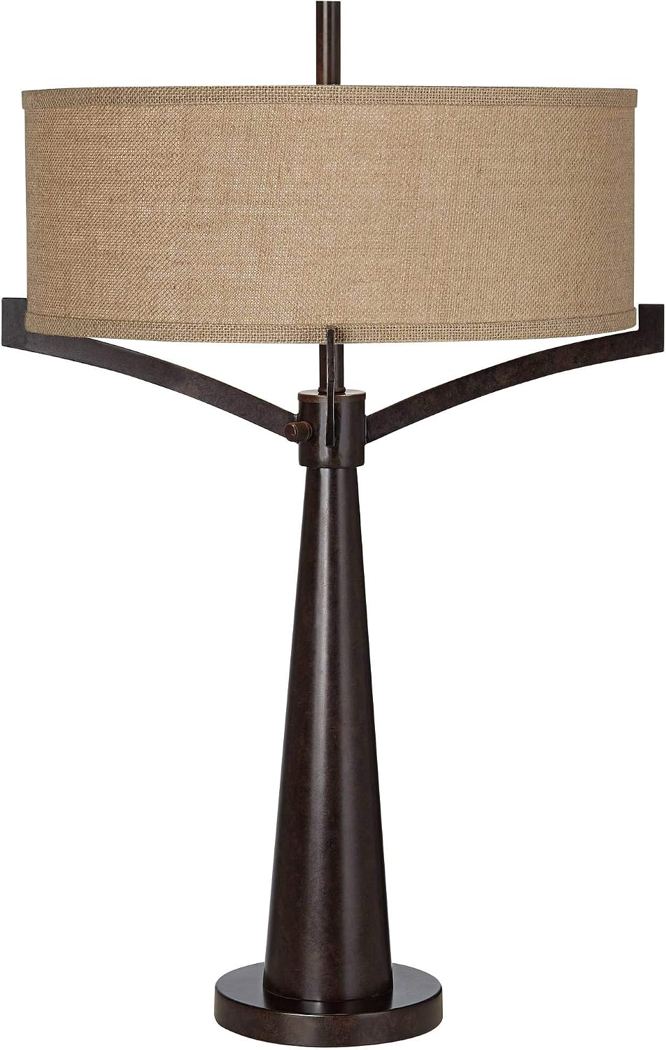 Franklin Iron Works Tremont Mid Century Modern Industrial Table Lamps 31.5" Tall Set of 2 Rich Bronze Iron Burlap Fabric Drum Shade for Living Room Bedroom House Bedside Nightstand Home Office