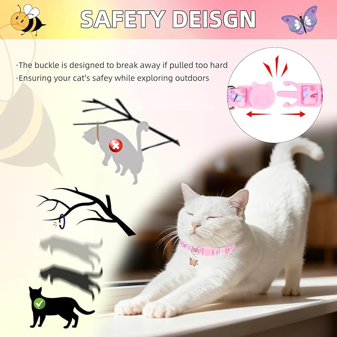 PUPTECK Breakaway Cute Cat Collar with Bell Charm, 2 Packs Adjustable Kitty Collars Animals Pattern, Pink&Yellow, 7.8-11.8 in
