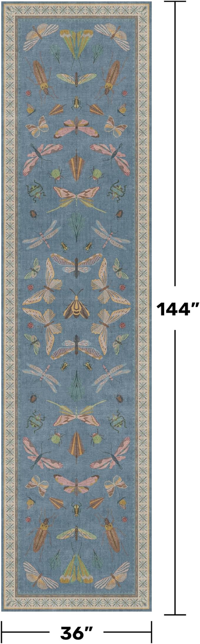 Blue Vintage Insect Runner Rug for Hallway 3x12, Washable Non Slip Kitchen Sink