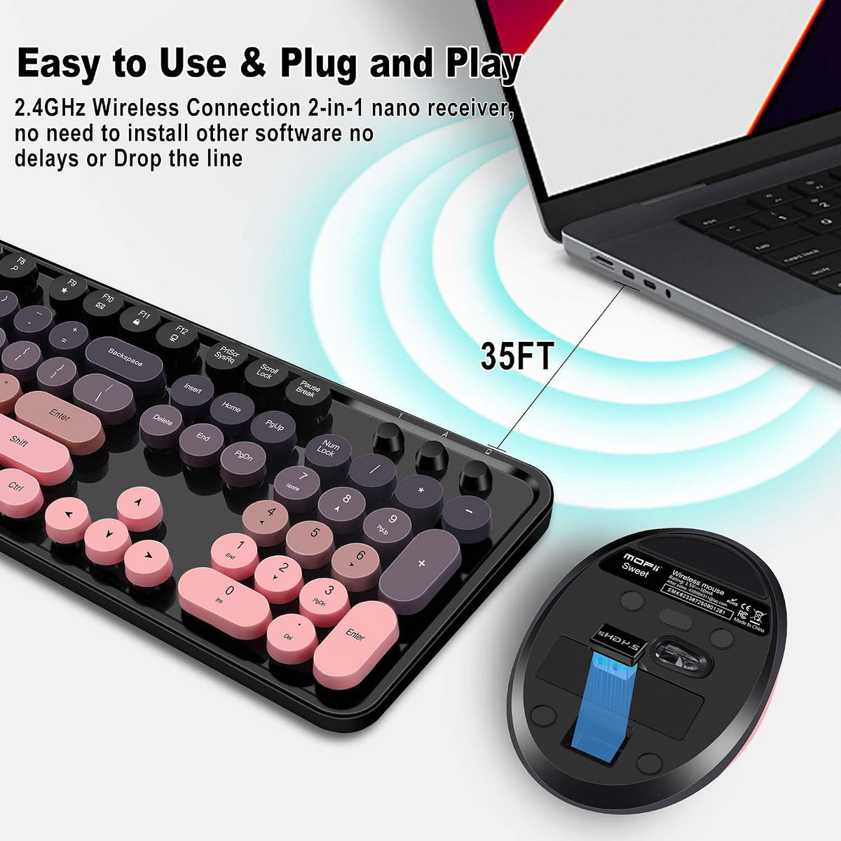 Kootop Cute Typewriter Wireless Keyboard and Mouse Combo Black and Pink