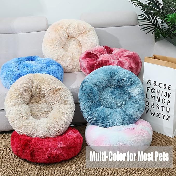 Calming Faux Fur Dog Beds Calming Donut Cuddler Dog Bed Washable Round Cat Bed Pillow Cuddler Fluffy Indoor Dog Calming Beds with Anti Slip Bottom Solid Color Green Blue 23 Inch