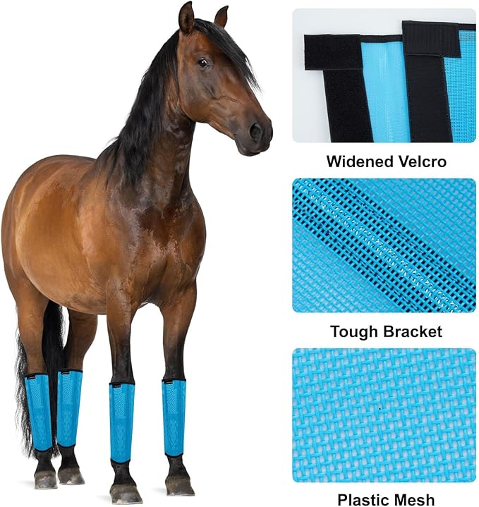 FOXLVDA Horse Fly Boots - Fly Boots for Horses Set of 4, Comfortable Horse Leggings, Mesh Material Design with Metal Support Bars for Reduces Stomping & Leg Fatigue (Blue, Medium)