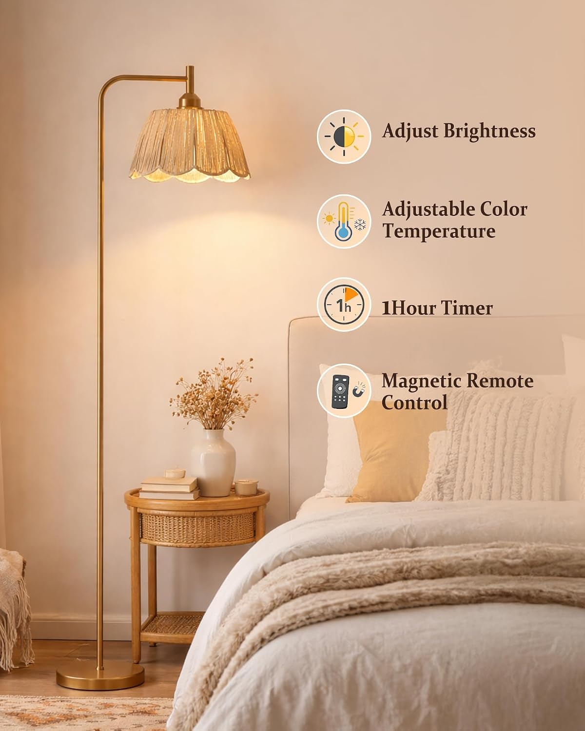JOOFO Boho Brushed Gold Floor Lamp with Remote, Flower-Inspired Shade