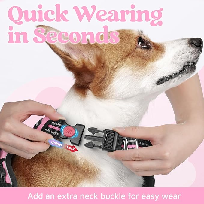 rabbitgoo Dog Harness Medium Sized, No Pull Dog Vest with 3 Buckles, Adjustable Soft Padded Pet Harness with Easy Control Handle and Reflective Strips, Light Pink, M