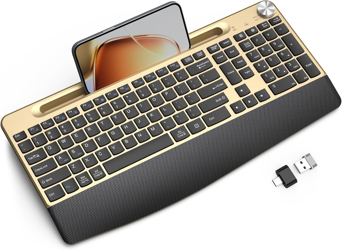 JOYACCESS Ergonomic Wireless Keyboard with Wrist Rest, Phone/Tablet Holder,Windows & Mac OS, 2.4 GHz Wireless, Full-Size,Quiet Keyboard Compatible for Laptop,PC, Mac, Windows -Black Glod