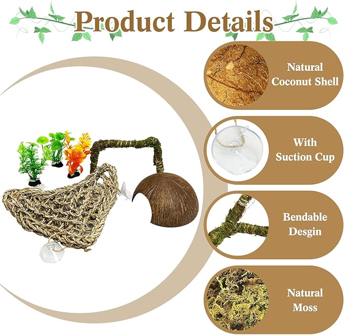 6 PCS Hermit Crab Accessories Set Large Bendable Moss Hermit Crab Climbing Toys Coconut Shell Hut Climbing Hammock with Suction Cup Plastic Plants for Reptile Amphibian