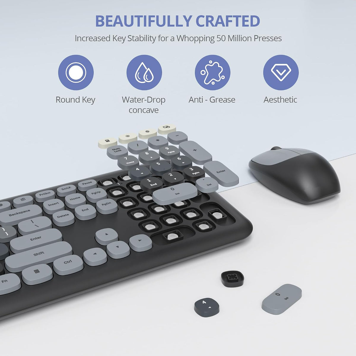 Wireless Typewriter Keyboard and Mouse Combo Retro 104 Key Full Size Office Set Black and Gray Keyboard with Silent Round Keycaps, Ideal for Laptop and Desktop PCs, Cute Design Keyboard