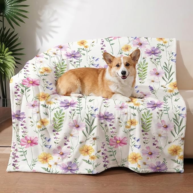 Horaldaily Pets Flannel Blanket, Spring Summer Watercolor Wildflowers Soft Fuzzy Fluffy Plush Cozy Fleece Premium Blankets for Dog Cat Puppy Kitten Couch Protection, 20x30