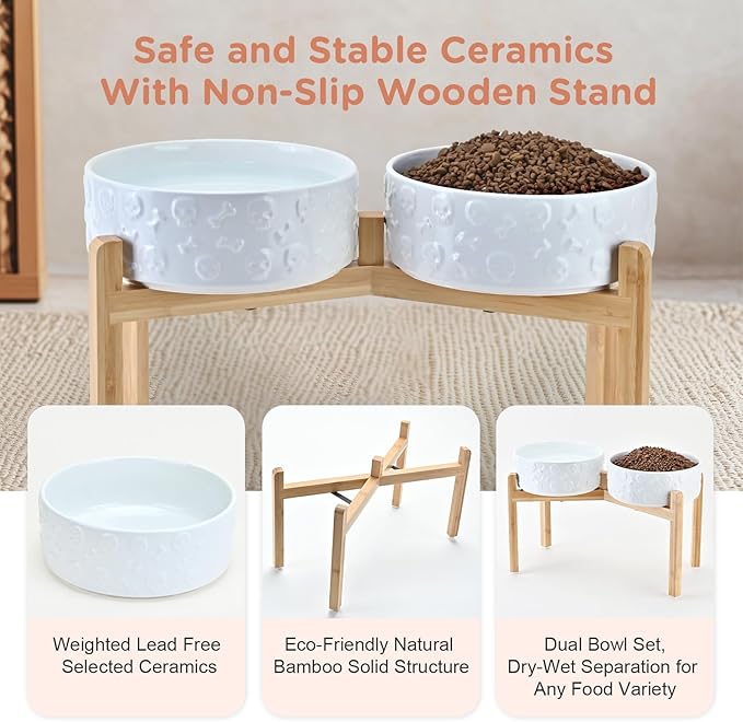 SPUNKYJUNKY Elevated Dog Bowls Ceramic, 8.3'' Dogs Food Water Bowls Raised with Non-Slip Bamboo Stand for Large Sized Breed Microwave Dishwasher Safe - 60 OZ,Skull White